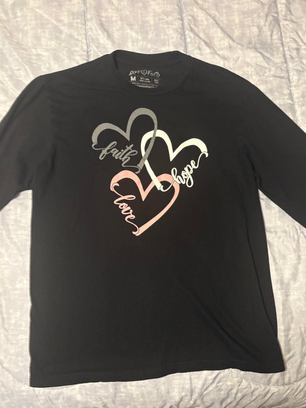 Love Black Long Sleeve Tee with Pink, White, and Gray Hearts